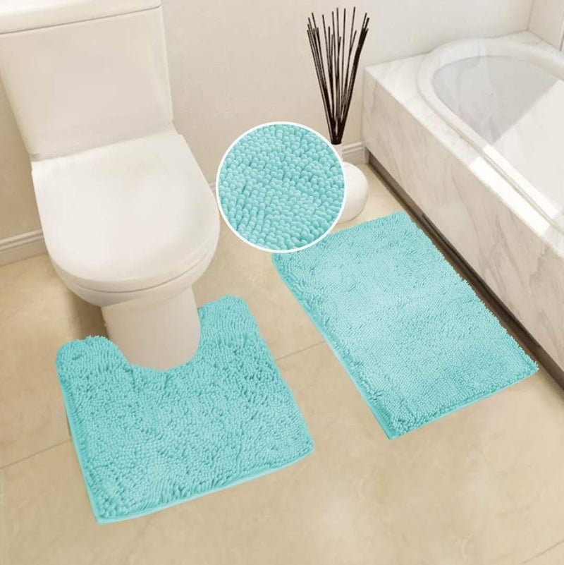 Linen Plus Chenille Soft Rug Anti-Slip Bath Set Includes Bath Mat, Contour Mat, Shower Curtain and Stainless Steel Roller Ball Hooks New # Jasmine (Aqua) - Image 2